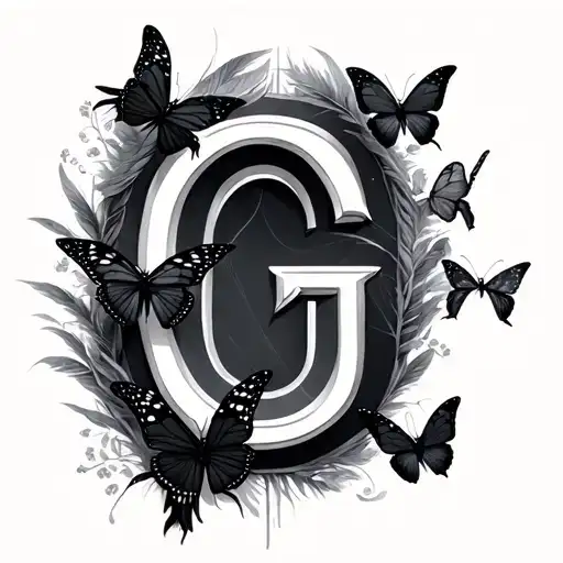 letter G to the power of 3 with butterflies and black feathers somehow incorporated  tattoo design idea