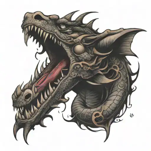   bi-cursive affectivity dragon two head bitten tattoo design idea