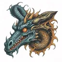   bi-cursive affectivity dragon two head bitten tattoo design idea