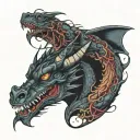   bi-cursive affectivity dragon two head bitten tattoo design idea