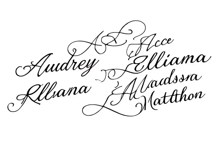 Kid names incorporated into the design: Audrey, Ace, Allana, Ellianna, Richard, Alex Alyssa, Keyonna, Madison, Mattheo tattoo design idea