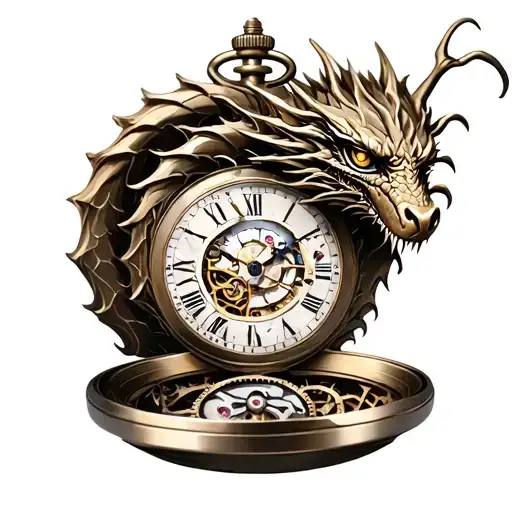 dragon and broken pocket watch mechanism intertwined tattoo design idea