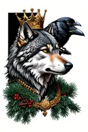 wolf with a pine wreath and raven perched with a gold necklace and a crown lopsided on its head tattoo design idea