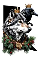 wolf with a pine wreath and raven perched with a gold necklace and a crown lopsided on its head tattoo design idea