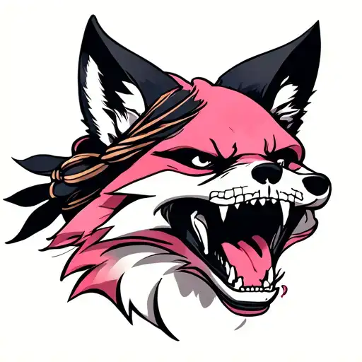 fox, traditional Japanese style, half profile, angry with open mouth, pink, with darkened muzzle, skull tied to head tattoo design idea