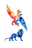 a lion and a phoenix combined with a knight something from the saints tattoo design idea