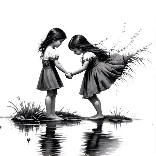 Child pushing a girl to the edge of a pond tattoo design idea