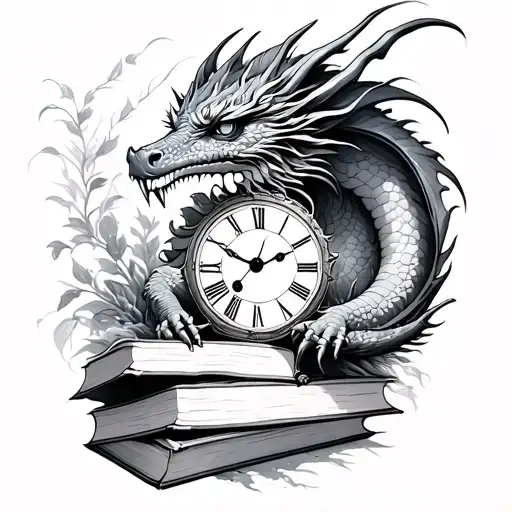 Dragon, books,clock, nature inspired tattoo, fantasy, crystal tattoo design idea