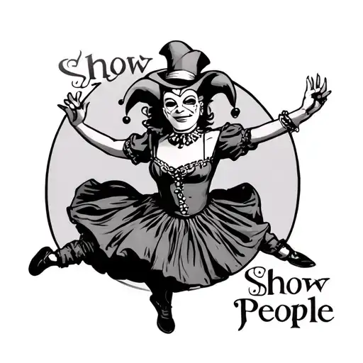 Court Jester wearing a commedia del arte mask and dancing. Words around her read "Show People" tattoo design idea