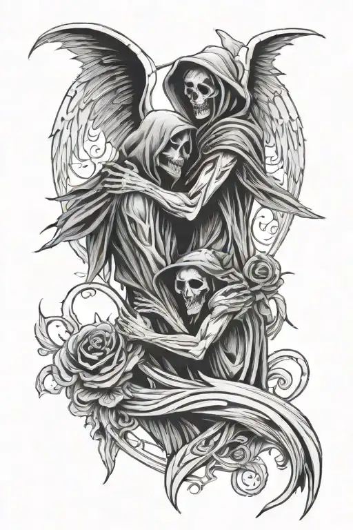 Grim Reaper and Angel hugging and making a heart shape tattoo design idea