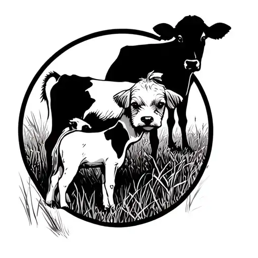 	•	A circle or crest with strong black outlines.	•	Inside: a cow and calf silhouette, with a Cavoodle outline beside th tattoo design idea