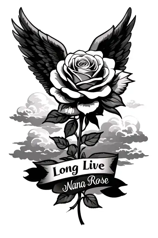 i want a rose head with angel wings with clouds and it saying long live nana rose tattoo design idea