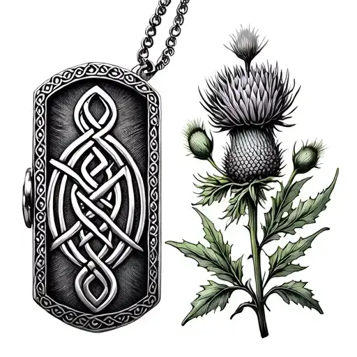 locket with Celtic knot on left and botanical press thistle on right  tattoo design idea