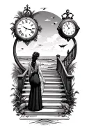 two nautical clocks for time lost and time left, beach scene, staircase, man and woman on staircase tattoo design idea