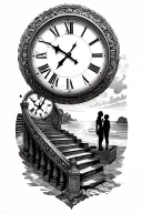 two nautical clocks for time lost and time left, beach scene, staircase, man and woman on staircase tattoo design idea