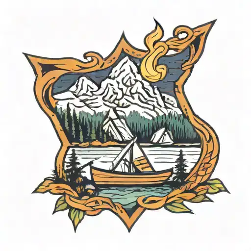 camp fire, canoe, mountain, tent tattoo design idea