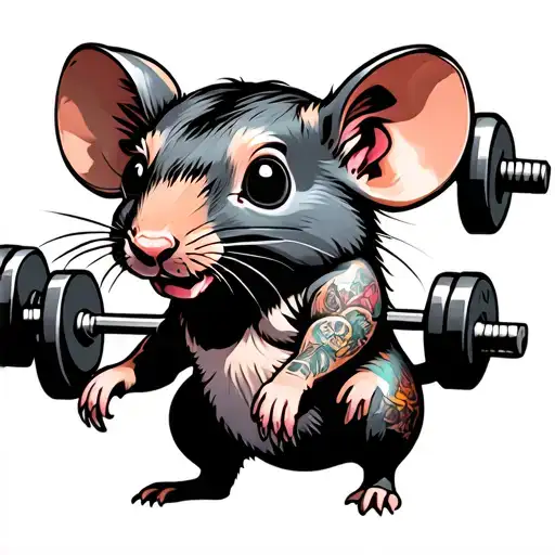 cute rat with tattoos weight lifting weights tattoo design idea