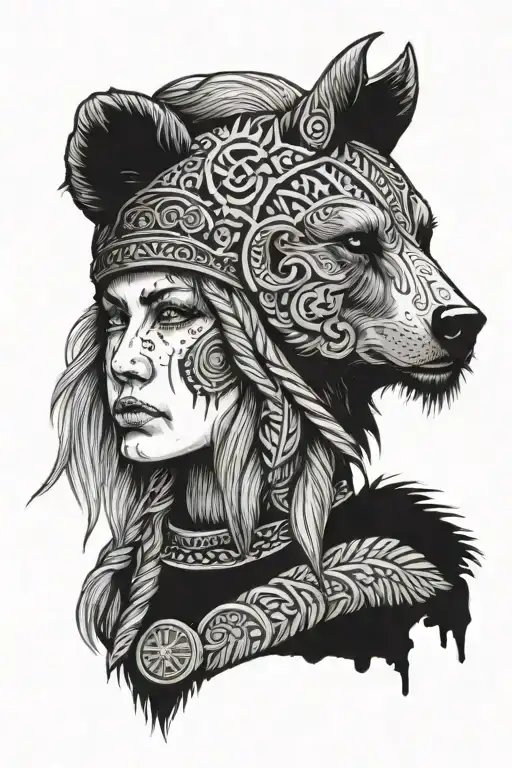 viking woman wearing a bear on her head and her face covered with viking simbols tattoo design idea