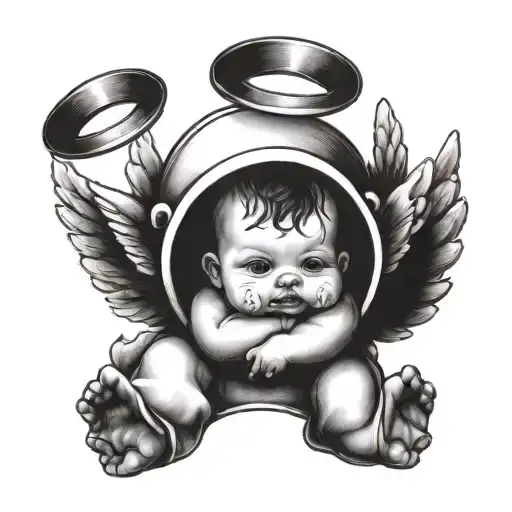 create an image of a baby angel  in a diaper with a halo ontop of its head. the baby should be drawing graffiti on heave tattoo design idea