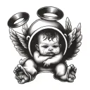 create an image of a baby angel  in a diaper with a halo ontop of its head. the baby should be drawing graffiti on heave tattoo design idea