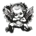 create an image of a baby angel  in a diaper with a halo ontop of its head. the baby should be drawing graffiti on heave tattoo design idea