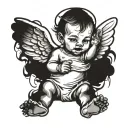 create an image of a baby angel  in a diaper with a halo ontop of its head. the baby should be drawing graffiti on heave tattoo design idea