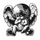 create an image of a baby angel  in a diaper with a halo ontop of its head. the baby should be drawing graffiti on heave tattoo design idea