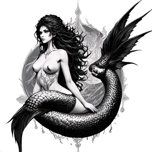 Kos mermaid semi humanoid from bloodborne, cybersigilism, elegant, with simplistic sigilism bellisment around character. tattoo design idea