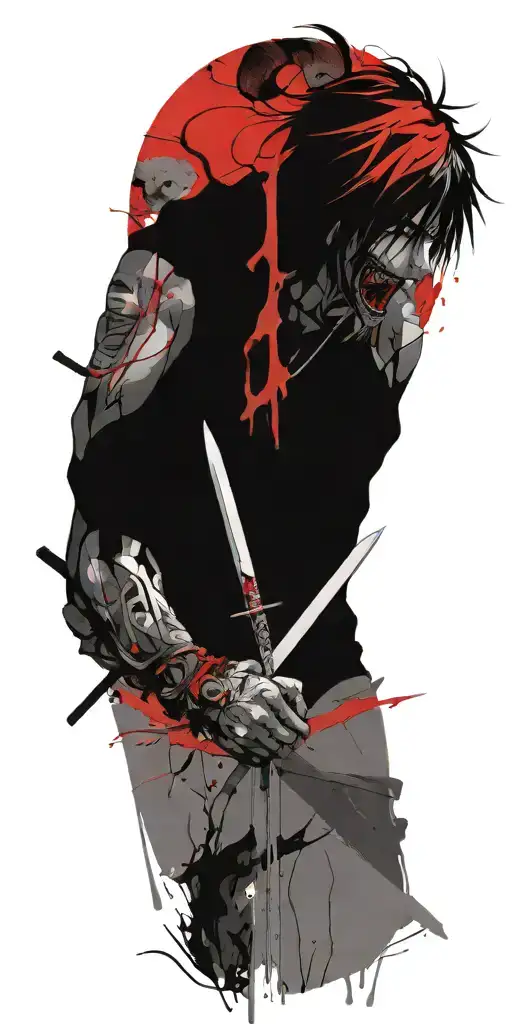 male anime character holding swords fighting off inner demons  tattoo design idea