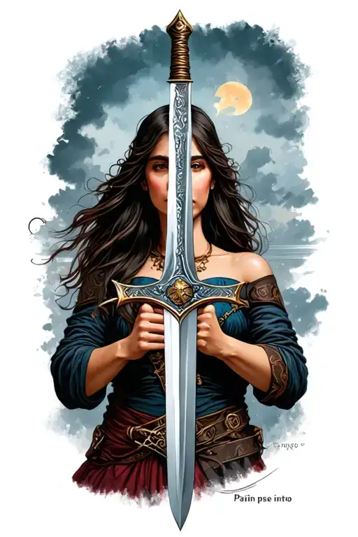 "Pain shapes a woman into a war" sword tattoo design idea
