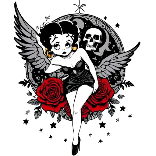Betty boop with bay wings holding skull gothic themed background including dark red rose vines stars moons etc  tattoo design idea