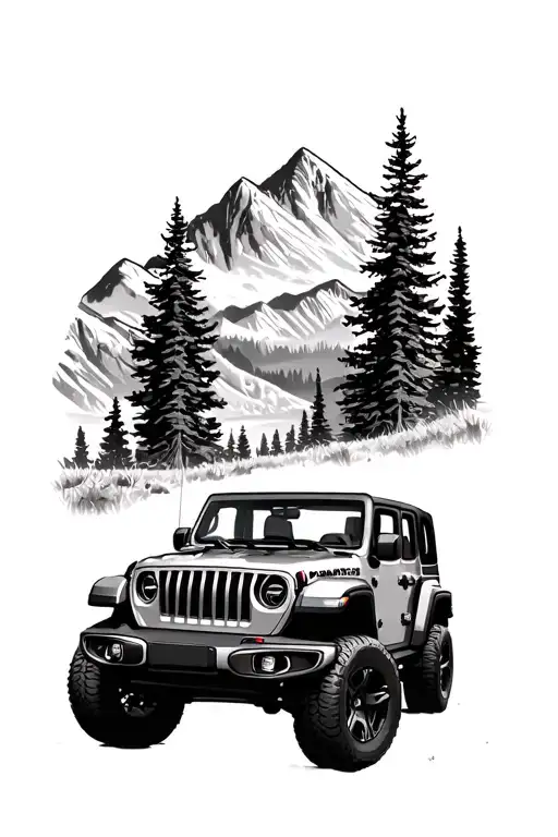 topless jeep wrangler 4 door in wilderness and mountains scene tattoo design idea