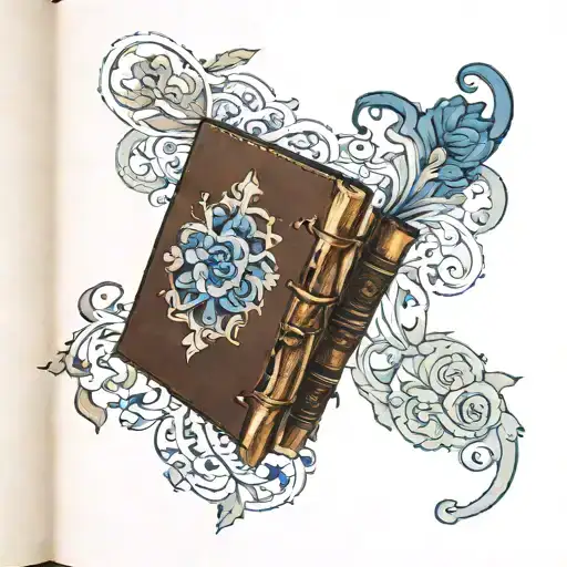 A book representing my life, larger part of the pages turned left, there is a blue color not too visible and italian aur tattoo design idea