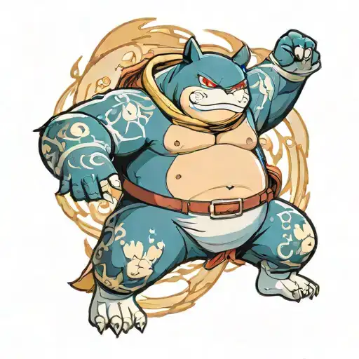 Buff and Muscley snorlax with japanese tattoo sleeves on his arms tattoo design idea