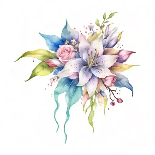 roses, cherry blossoms and lilies bouquet with compass tattoo design idea