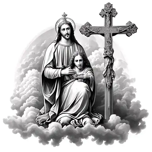King St. Stephen offers Hungary to the Virgin Mary. May Mary be above the clouds, Stephen kneel, and the cross of Jesus  tattoo design idea