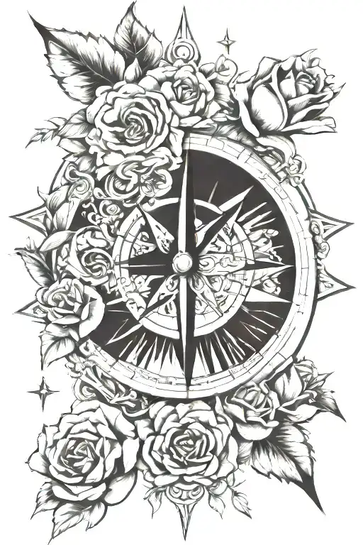 rose compass and family tattoo design idea