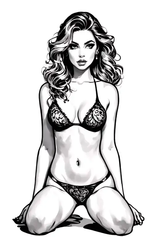 Pin up girl on side with no top on wearing a thong kneeling on the side. tattoo design idea