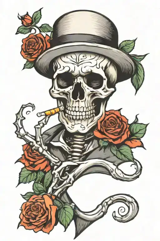 skull smoking cigarette with roses  tattoo design idea