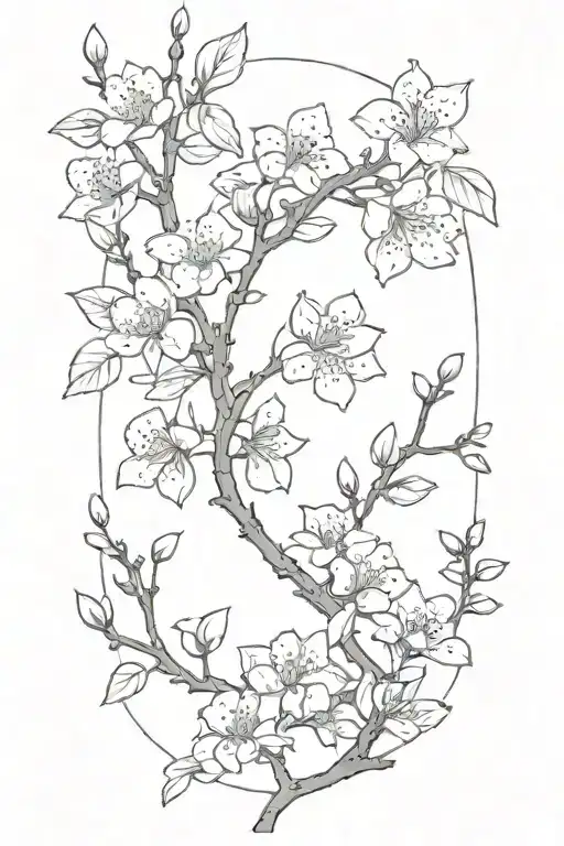 black and white masculine cherry branch tattoo with blossoms tattoo design idea
