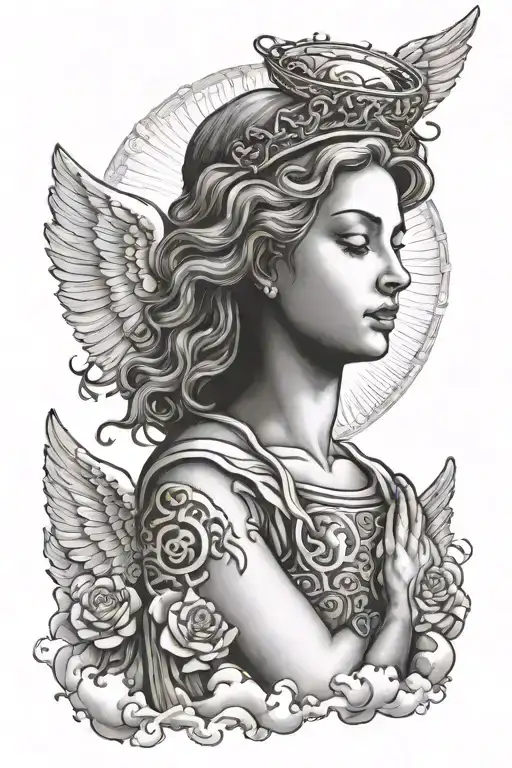 angel closing eyes with praying hands in a background of clouds and sun rays  tattoo design idea