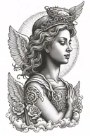 angel closing eyes with praying hands in a background of clouds and sun rays  tattoo design idea