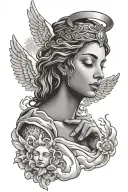 angel closing eyes with praying hands in a background of clouds and sun rays  tattoo design idea