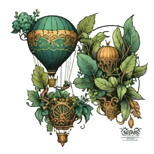a hot air balloon made of vegetation containing two people in love tattoo design idea