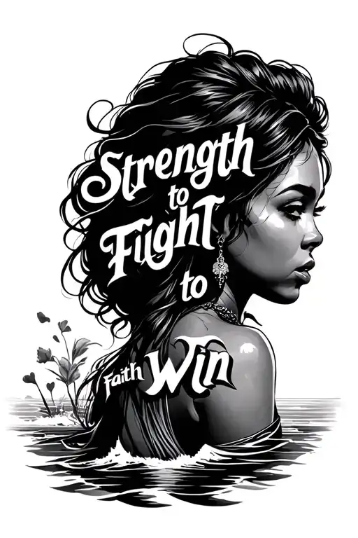 Create a tattoo with lettering next phrase strength to fight faith to win on the female coast tattoo design idea
