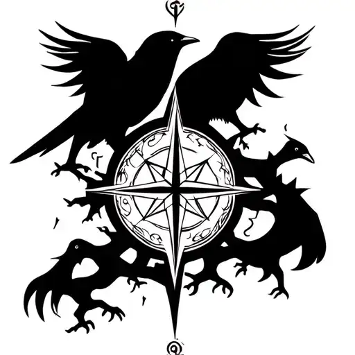 Nordic compass with Nordic tree of life with Odin's crows tattoo design idea