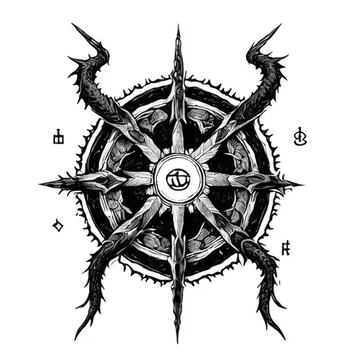kolovrat that has 6 dull "legs" which point/go left  with in the center of it I want Ukrainian tryzub  tattoo design idea