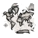 A detailed world map tattoo with a compass rose incorporated, symbolizing your love for travel and geography tattoo design idea