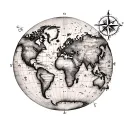 A detailed world map tattoo with a compass rose incorporated, symbolizing your love for travel and geography tattoo design idea