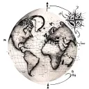 A detailed world map tattoo with a compass rose incorporated, symbolizing your love for travel and geography tattoo design idea